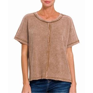Washed Waffle Short Sleeve Top Dark Camel